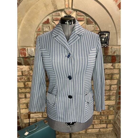 blazer blue geometric double knit polyester blue - Picture 1 of 14